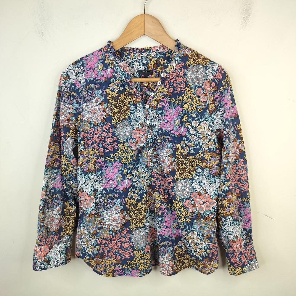 Talbots Floral Blouse Top Petite Medium MP Ruffle Neck Meadow Cottage Navy Pink